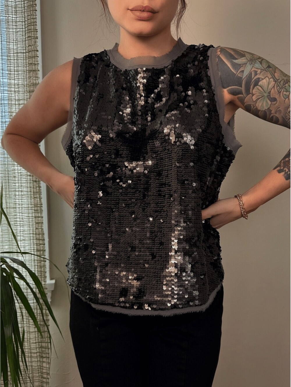 Black Sequin Raw Edge Deconstructed Tank Top M